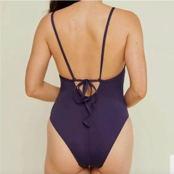 Andie Swim One Piece Bathing Suit LT Paloma Navy Tall Tie Back Neutral Vacation - Picture 4 of 14